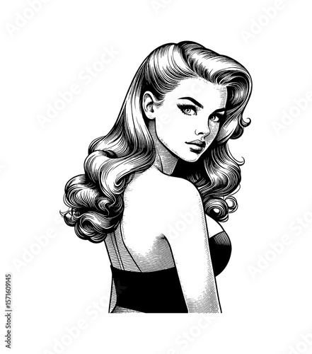Elegant Pinup Woman with Wavy Hair Looking Over Shoulder in Detailed Black and White Illustration