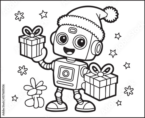 Robot coloring page for kids, cute robot celebrating christmas with gift boxes and wearing hat black line art vector illustration for children coloring book design