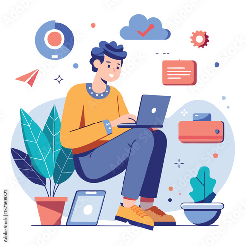 Illustration of a person working remotely on a laptop with cloud and data elements