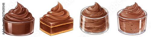 Set of isolated chocolate desserts in various styles and containers  
