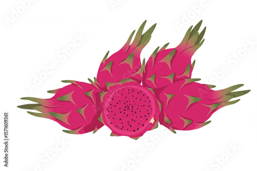 Vivid dragon fruit arrangement, a vibrant tropical fruit design showing freshness suitable for food branding or a healthy lifestyle campaign.
