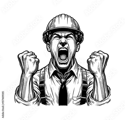Furious Worker Screaming with Fists Up Wearing a Hard Hat, Expressing Anger in Detailed Engraving