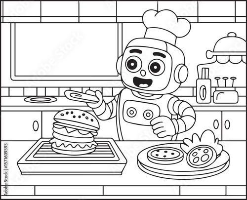Robot coloring page for kids, chef robot making burger black line art vector illustration for children coloring book design