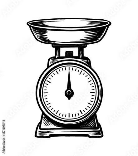 Vintage Style Kitchen Scale in Detailed Black and White Engraving Illustration