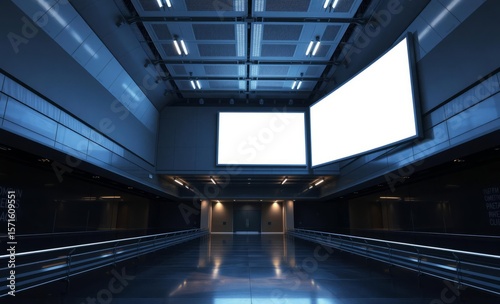 In the heart of a sleek modern underground hall a colossal digital billboard a blank canvas of futuristic design awaits your captivating mockups and presentations ready to illuminate the darkness with