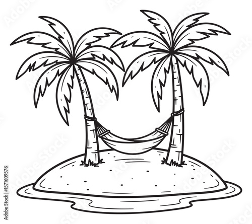 Cartoon Island Paradise with Palm Trees and Hammock in Black and White Outline