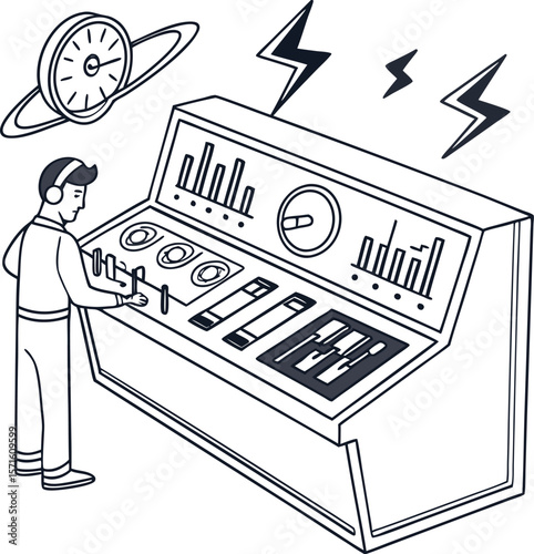 Illustration of a man operating a complex control panel with clock planet