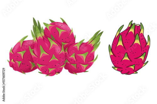 A vibrant pile of dragon fruit, also known as pitaya, showing both a group and single fruit, perfect for tropical food designs.