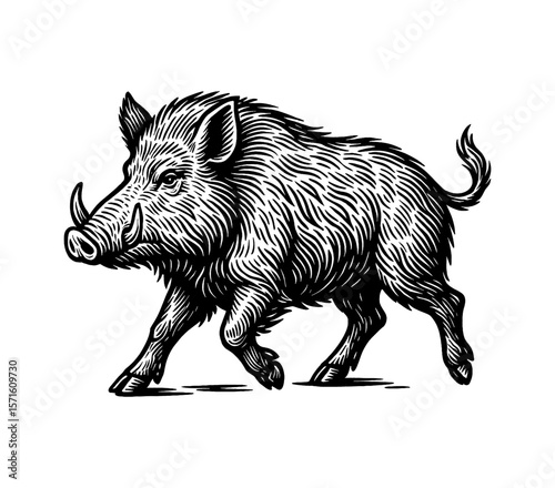 Illustration of a Wild Boar Walking in Black and White Engraved Style