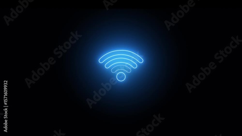 Neon glowing Wi-Fi icon animation on black background. Glowing neon line Wifi wireless internet network symbol icon animated on black background.
