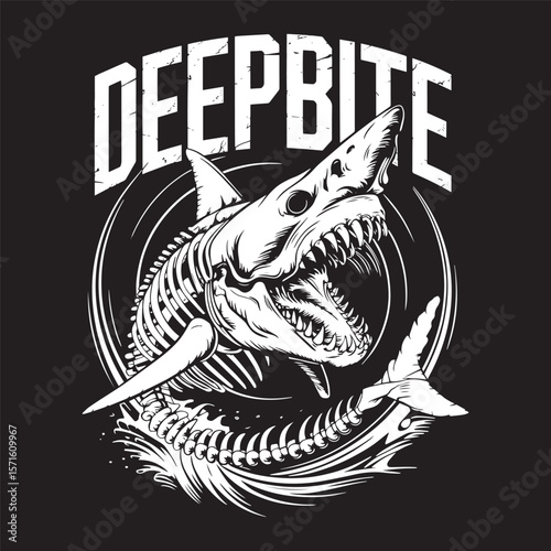 Ferocious shark biting through a logo with text DEEPBITE, detailed and edgy sea themed design vector illustration.