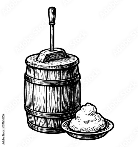 Vintage Engraved Style Illustration of Butter Churn and a Plate of Butter