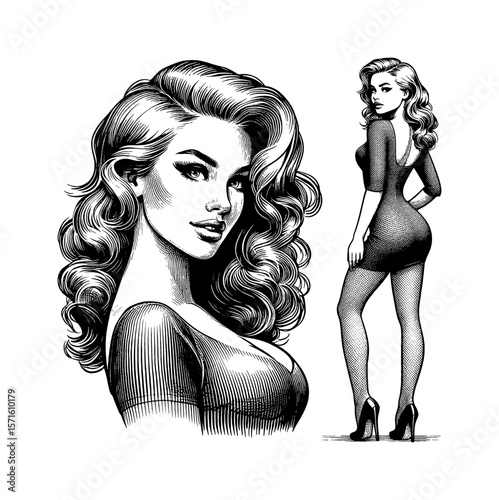 Elegant Woman Portrait in Dress and Stockings in Black and White Engraving Vector Illustration