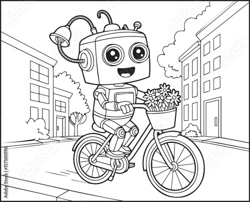 Robot coloring page for kids, cute robot riding a bicycle on city road black line art vector illustration for children coloring book design