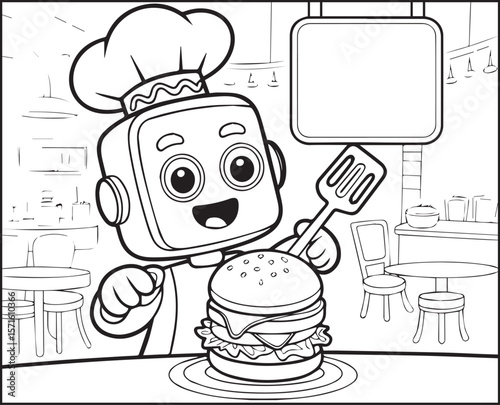Robot coloring page for kids, chef robot making burger black line art vector illustration for children coloring book design