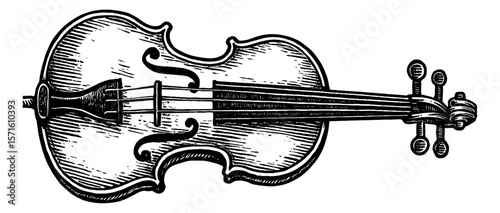 Black and White Engraving Illustration of a Violin with Detailed Line Art
