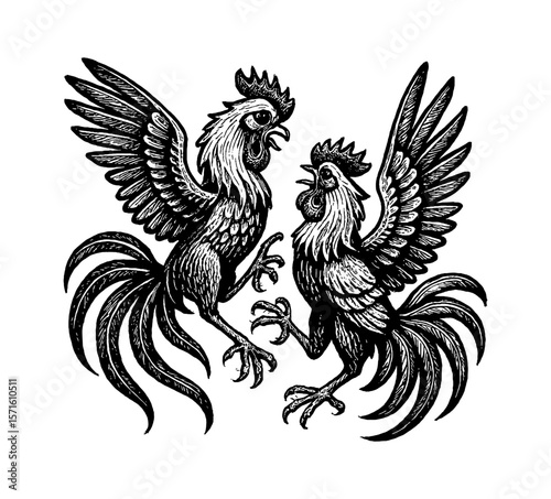 Two Roosters Facing Each Other in a Black and White Engraved Style Illustration