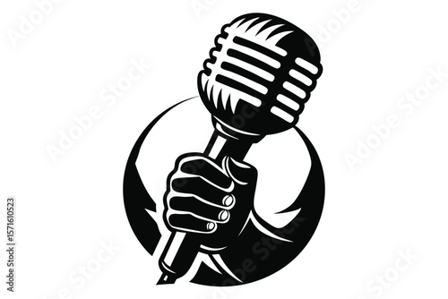 Graphic Black and White Design Fist Holding a Retro Style Microphone Icon