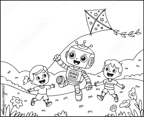Robot coloring page for kids, cute robot flying kite with kids black line art vector illustration for children coloring book design