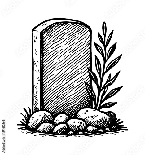 Engraved Illustration of a Tombstone with Rocks and Plant, Monochrome Grave Marker Memorial