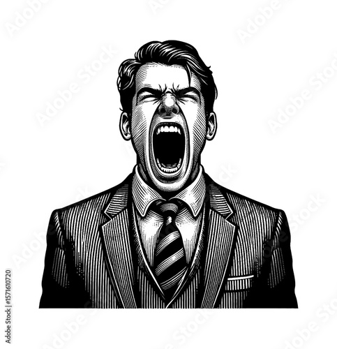 Anxious Businessman Screaming Angrily in Despair with Open Mouth in Detailed Engraving