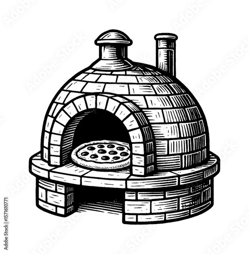 Illustration of Pizza Oven with Pizza Inside in Black and White Engrave Style