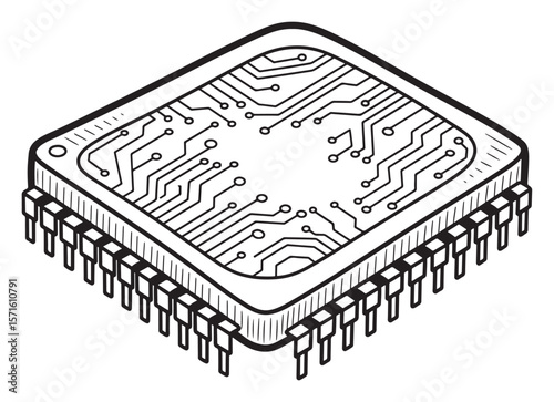 Isometric Outline Drawing of a Computer Chip