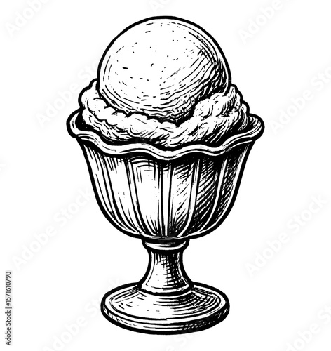 Delicious Ice Cream Scoop in Glass Cup Hand Drawn Vintage Engraving Style