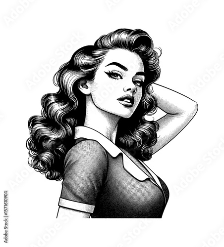 Attractive Woman in Dress with Hand Behind Head Black and White Engraving Art