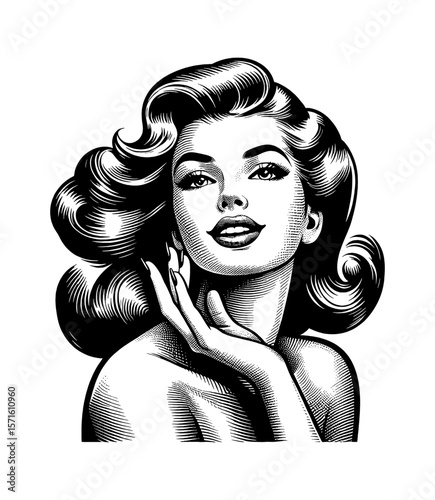 Elegant Vintage Pinup Woman Portrait with Hand Gesture in Detailed Black and White Engraving