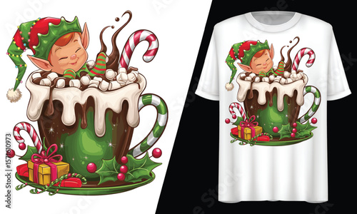Christmas, Elf in a Red Cup Filled with Hot Chocolate, T-Shirt Design.