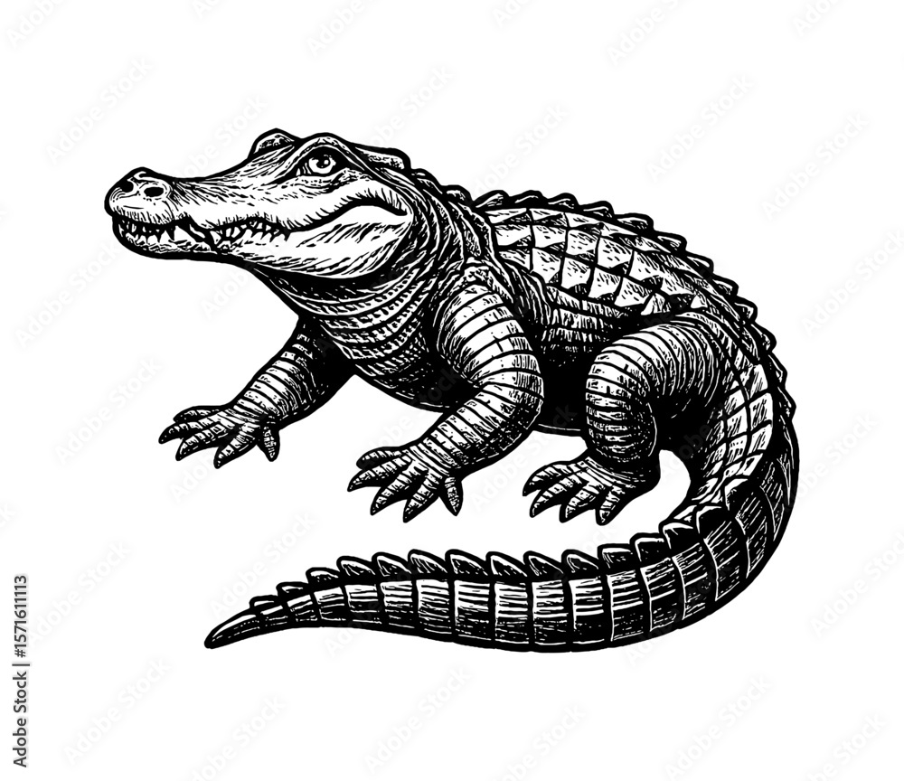 Obraz premium Detailed Black and White Engraving of an Alligator Isolated on White Background Vector Image