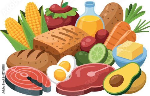  a wide variety of healthy food items, including salmon, bread, eggs, meat, vegetables like corn and carrots, fruits like avocado, and dairy, all in a clear
