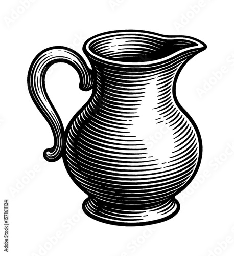 Detailed Engraved Illustration of a Creamer Pitcher or Milk Jug in Black and White