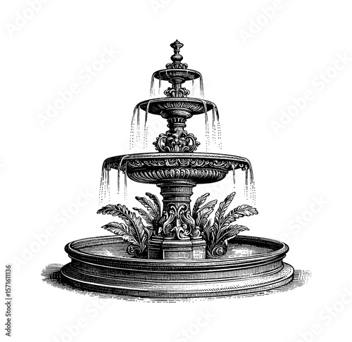 Detailed Engraved Illustration of a Three Tiered Fountain with Cascading Water and Leaf Accents