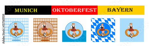 From the "oktoberfest" series, a set of girls with Bavarian dirndl  and with pretzel  with different variants of bavarian ornaments and backgrounds	