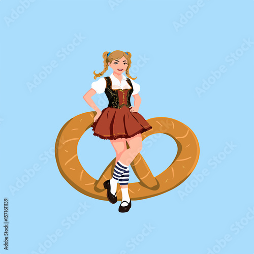 From the series "oktoberfest", girl with Bavarian dirndl  and pretzel, isolated on transparent background