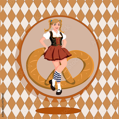 From the series "oktoberfest", girl with Bavarian dirndl  and pretzel on the background of traditional bavarian pattern with brown dimonds