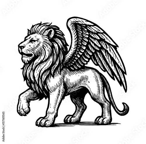 Winged Lion Standing Proudly in Detailed Black and White Engraving Style with Majestic Wings