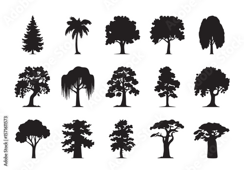 Different shapes of Tree, black silhouette vector icon collection set