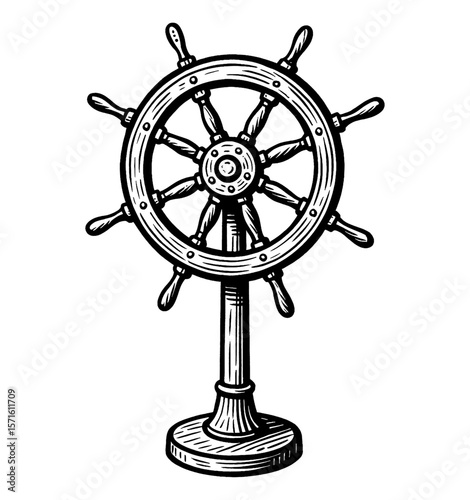 Illustration of Nautical Steering Wheel on Stand in Detailed Black and White Line Art