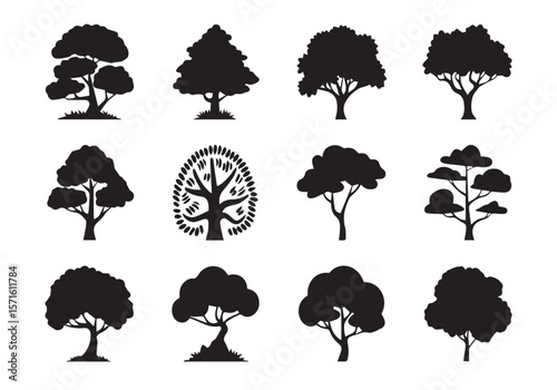Different shapes of Tree, black silhouette vector icon collection set