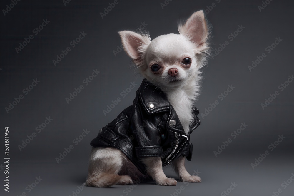 Charming white chihuahua in a stylish leather jacket striking a pose against a dark background during a photo shoot Charming white chihuahua in a stylish leather jacket striking a pose against a dark background during a photo shoot
