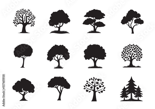 Different shapes of Tree, black silhouette vector icon collection set