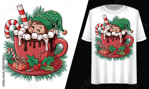 Christmas Elf in a Red Cup Filled with Hot Chocolate, T-Shirt Design.
