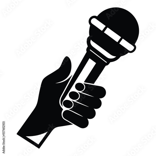 Black Silhouette of a Hand Firmly Holding a Retro Microphone for Singing