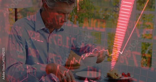 Man lifting coffee, tasting pastry and answering call prompted by ringtone with red stock chart