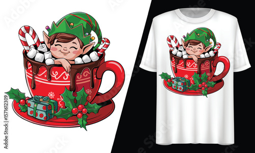 Christmas Elf in a Red Cup Filled with Hot Chocolate, T-Shirt Design.