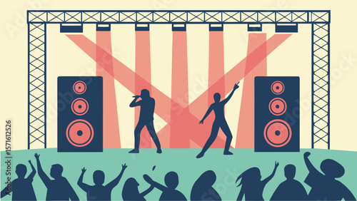 Illustration of a concert stage with performers speakers lights and cheering crowd in silhouette style