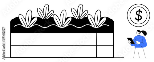 Plants growing in soil layers, monitored by a farmer holding a tablet near a dollar icon. Ideal for agriculture, sustainability, farming, business growth, investment, eco-efficiency, simple landing